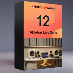 Ableton Live Suite 12 software box – professional DAW for music production, featuring a sleek orange-themed design and a modern home studio setup. Buy now at GetPluginDeals.
