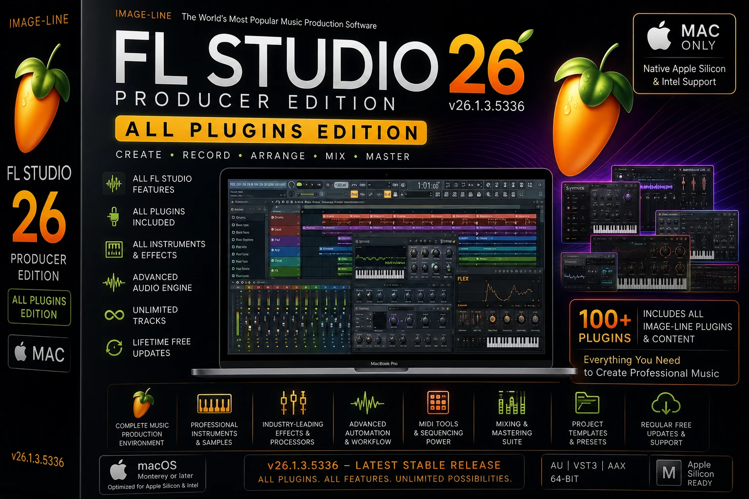 FL Studio 26 running on macOS and Windows laptops
